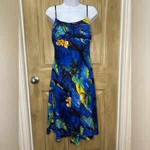 Aloha Hut Hawaii Dress Blue Tropical Floral Maxi L